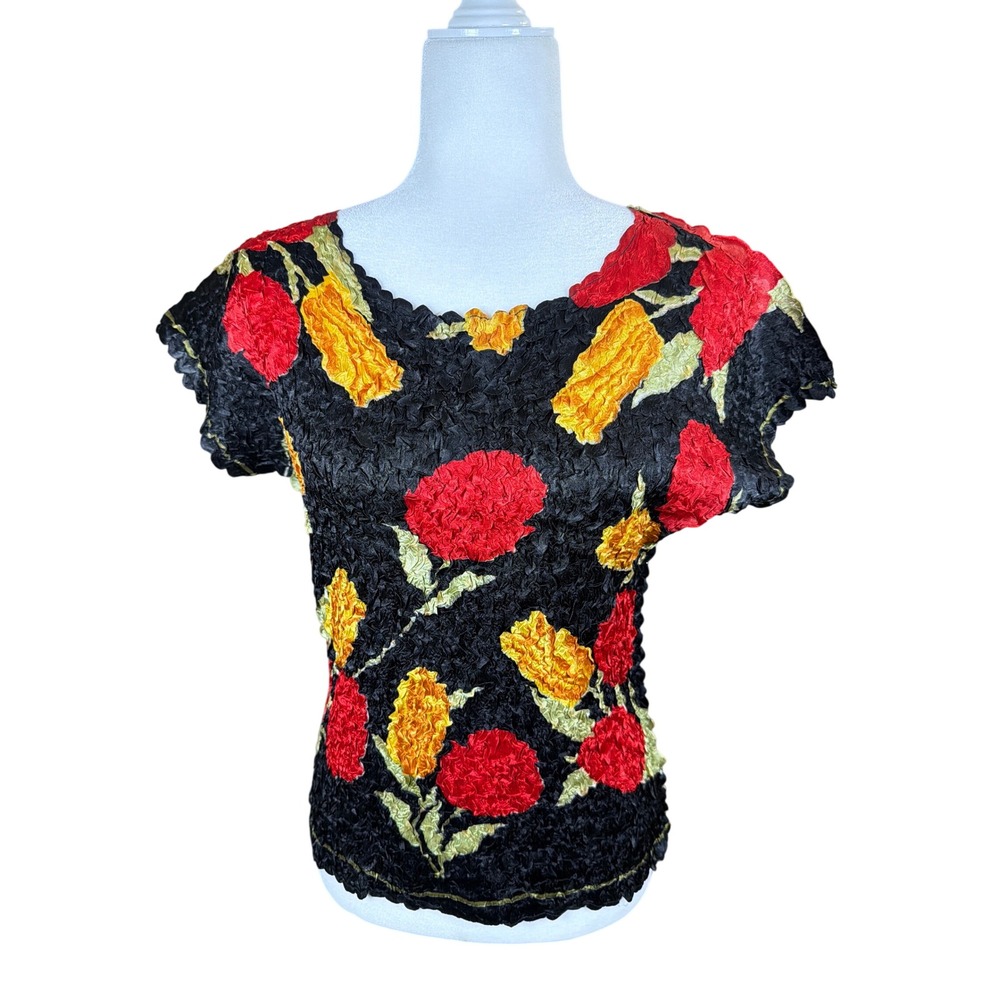Dorman Womens Red Yellow Floral Popcorn Crinkle Top One Size Black Short Sleeve